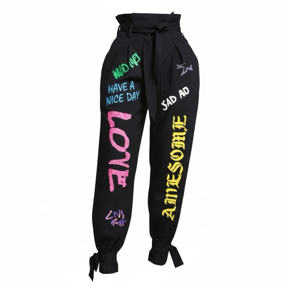 Graffiti Print High-Waist Jogger Pants – Street Style Statement Pants
